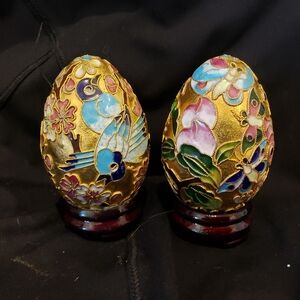 Pair Of Decorative Gold Eggs With Stand